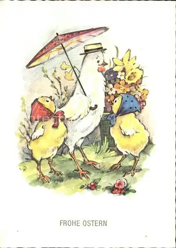 Vermenschlicht Taube Kueken Schirm Ostern Narzissen  Kat. Kuenstlerkarte