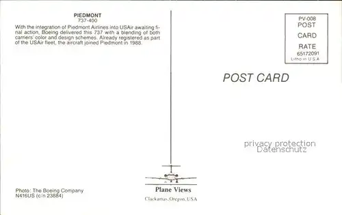 Flugzeuge Zivil Piedmont 737 400 N416US c n 23884 Kat. Airplanes Avions