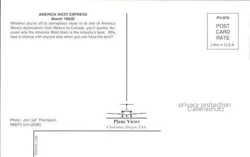 Flugzeuge Zivil American West Express Beech 1900D N86YV c n UE86 Kat. Airplanes Avions