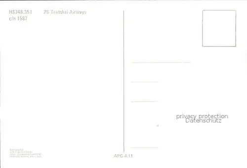 Flugzeuge Zivil Transkei Airways HS748.351 2B c n 1587 ZS XGE  Kat. Airplanes Avions