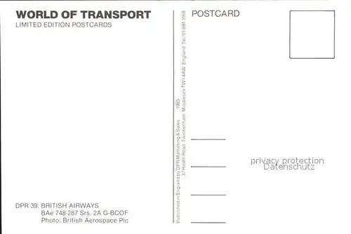 Flugzeuge Zivil British Airways BAe 748 287 Srs. 2A G BCOF Kat. Airplanes Avions