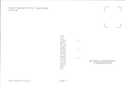 Flugzeuge Zivil YI AGO Boeing 747 270C Iraqi Airways C n 21181 Kat. Airplanes Avions