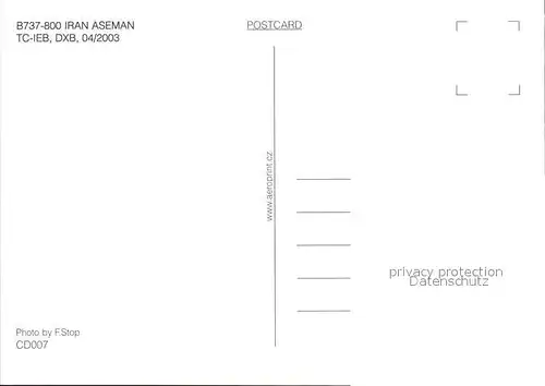 Flugzeuge Zivil B737 800 Iran Aseman TC IEB  Kat. Airplanes Avions