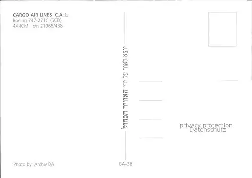 Flugzeuge Zivil Cargo Airlines C.A.L. Boeing 747 271C (SCD) 4X ICM c n 21965 438 Kat. Airplanes Avions