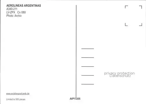 Flugzeuge Zivil Aerolineas Argentinas A340 211 LV ZPX Cn 080 Kat. Airplanes Avions