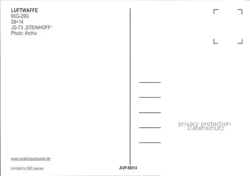 Flugzeuge Militaria Luftwaffe MiG 29G 29+14 JG 73 Steinhoff  Kat. Airplanes Avions