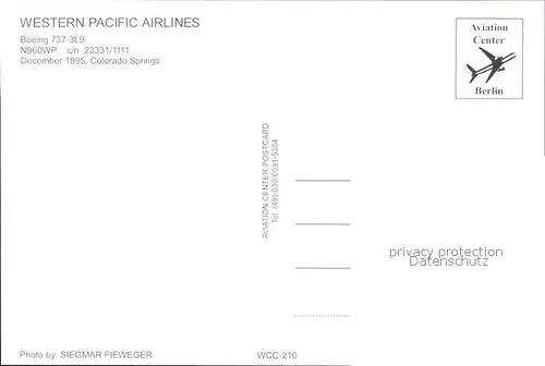 Flugzeuge Zivil Western Pacific Airlines Boeing 737 3L9 N960WP c n 23331 1111 Kat. Airplanes Avions