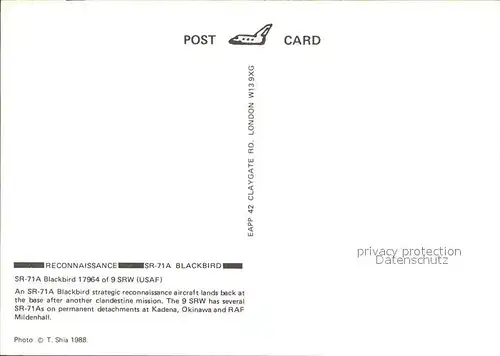 Flugzeuge Militaria SR 71A Blackbird 17964 9 SRW USAF  Kat. Airplanes Avions