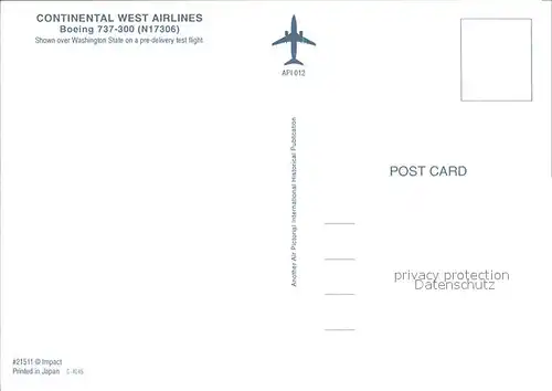 Flugzeuge Zivil Continental West Airlines Boeing 737 300 N17306 Kat. Airplanes Avions