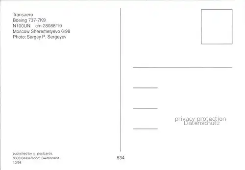 Flugzeuge Zivil Transaero Boeing 737 7K9 N100UN c n 28088 19 Kat. Airplanes Avions