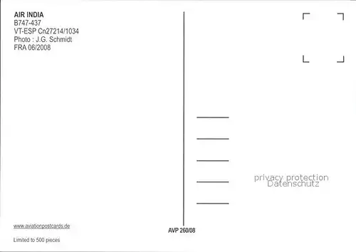 Flugzeuge Zivil Air India B747 437 VT ESP Cn 27214 1034 Kat. Airplanes Avions