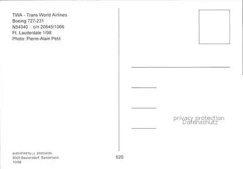 Flugzeuge Zivil TWA Trans World Airlines Boeing 727 231 N54340 c n 20845 1066 Kat. Airplanes Avions
