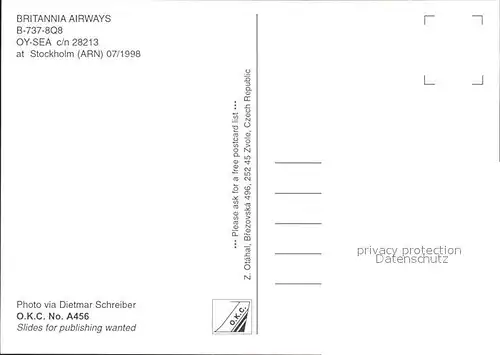 Flugzeuge Zivil Britannia Airways B 737 8Q8 OY SEA c n 28213 Kat. Airplanes Avions
