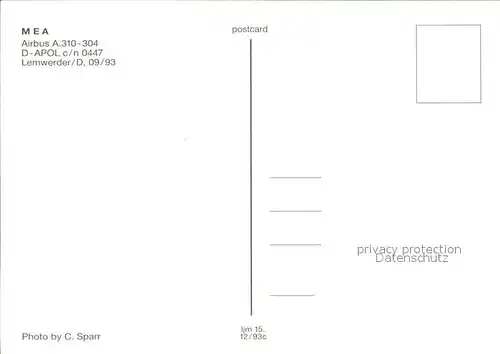 Flugzeuge Zivil MEA Airbus A 310 304 D APOL c n 0447 Kat. Airplanes Avions