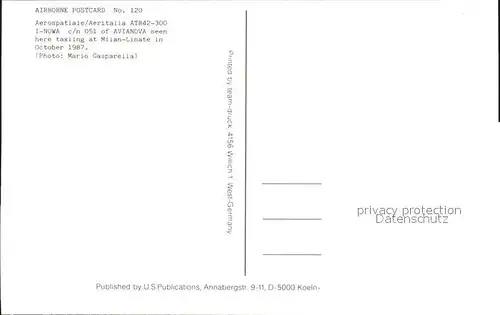 Flugzeuge Zivil AIRBORNE POSTCARD NO.120 Aerospatiale Aeritalia ATR42 300 I NOWA c n 051 of AVIANOVA seen here taxiing at Milan Linate in October 1987 Kat. Airplanes Avions