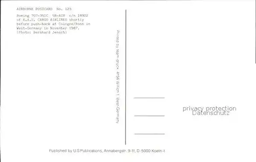 Flugzeuge Zivil AIRBORNE POSTCARD NO 123 BOEING 707 351C 5N ASY c n 18922 of E.A.S. CARGO AIRLINES shortly before push back at Cologne Bonn in West Germany in November 1987 Kat. Airplanes Avions