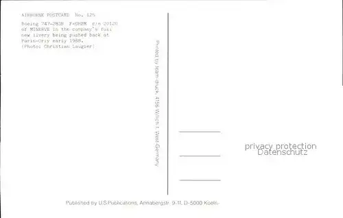 Flugzeuge Zivil AIRBORNE POSTCARD NO.125 Boeing 747 283B F GHBM c n 20120 of MINERVE in the company s full new livery being pushed back at Paris Orly early 1988 Kat. Airplanes Avions