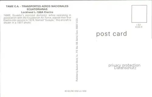 Flugzeuge Zivil TAME C.A.   TRANSPORTES AEROS NACIONALES ECUATORIANAS Lockheed L 188A Electra Ecuador s domestic airline  Kat. Airplanes Avions