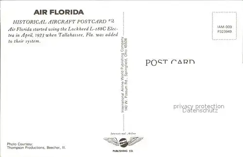 Flugzeuge Zivil AIR FLORIDA HISTORICAL AIRCRAFT POSTCARD#2 LOCKHEED L 188C ELECTRA Kat. Airplanes Avions