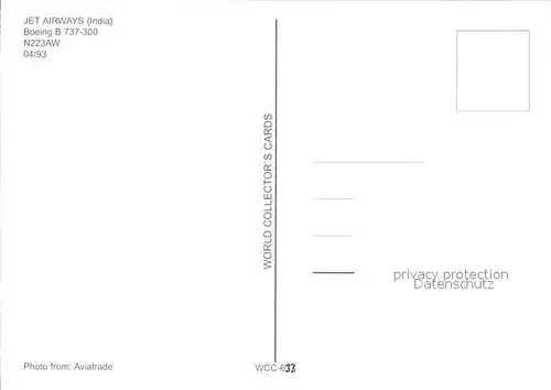 Flugzeuge Zivil JET AIRWAYS (INDIA) Boeing B 737 300 N223AW  Kat. Airplanes Avions