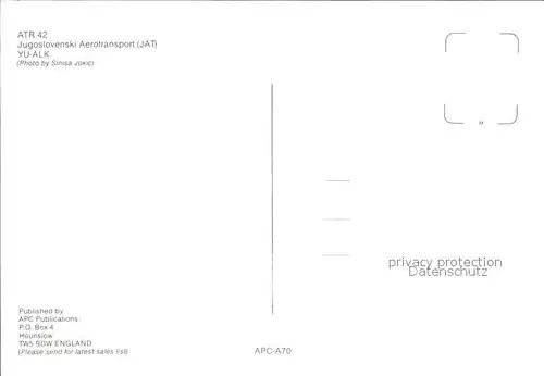 Flugzeuge Zivil ATR42 Jugoslovenski Aerotransport (JAT) YU ALK  Kat. Airplanes Avions