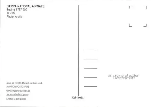 Flugzeuge Zivil SIERRA NATIONAL AIRWAYS Boeing B757 200 Kat. Airplanes Avions