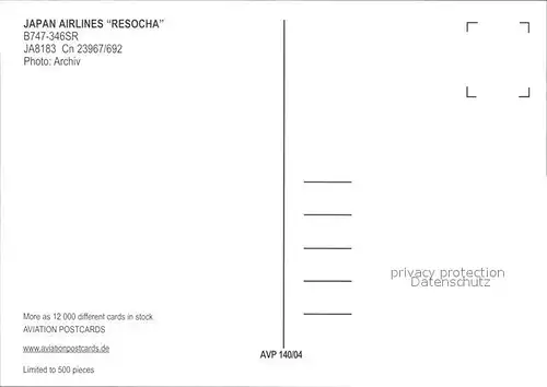 Flugzeuge Zivil JAPAN AIRLINES "RESOCHA" B747 346SR JA8183 cn 23967 692 Kat. Airplanes Avions