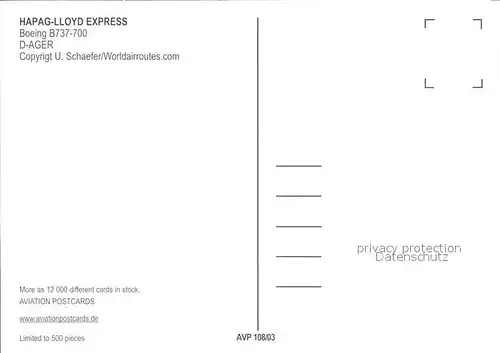 Flugzeuge Zivil HAPAG LLOYD EXPRESS Boeing B737 700 D AGER  Kat. Airplanes Avions