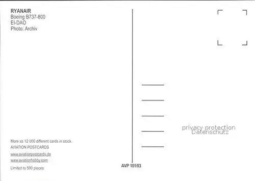Flugzeuge Zivil RYANAIR Beoing B737 800 EI DAO  Kat. Airplanes Avions