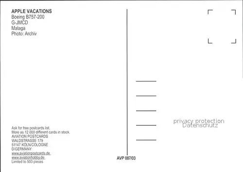 Flugzeuge Zivil APPLE VACATIONS Boeing B757 200 G JMCD Kat. Airplanes Avions