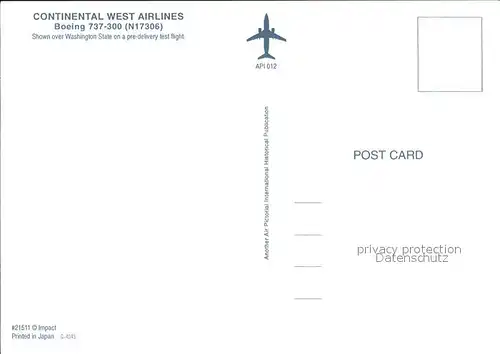 Flugzeuge Zivil Continental West Airlines Boeing 737 300 N 17306 Washington  Kat. Airplanes Avions