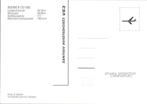 Flugzeuge Zivil Boeing B 737 500 Czechoslovak Airlines Kat. Airplanes Avions