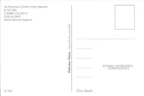 Flugzeuge Zivil Air Provence Charter Virgin Express B 737 400 F GMBR C N 24314 Kat. Airplanes Avions