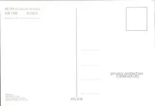 Flugzeuge Zivil Cascade Airways HS 748 N118CA C N 1789 Kat. Airplanes Avions