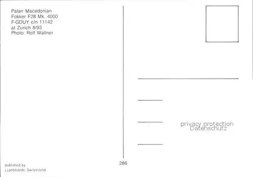 Flugzeuge Zivil Palair Macedonian Fokker F28 Mk. 4000 F GDUY c n 11142 Kat. Airplanes Avions