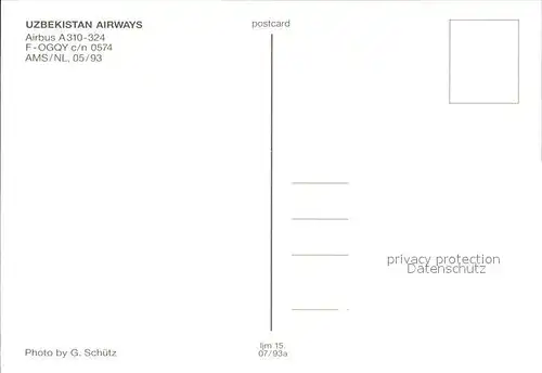 Flugzeuge Zivil Uzbekistan Airways Airbus A310 324 F OGQY c n 0574 Kat. Airplanes Avions