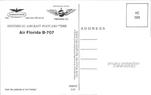 Flugzeuge Zivil Air Florida B 707 Kat. Airplanes Avions