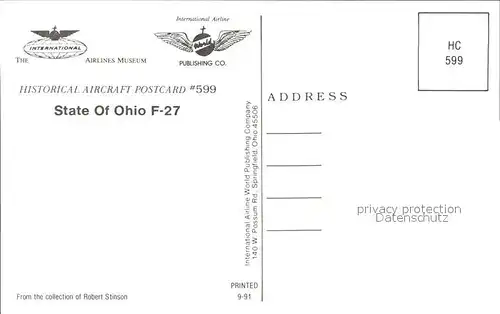 Flugzeuge Zivil State of Ohio F 27  Kat. Airplanes Avions