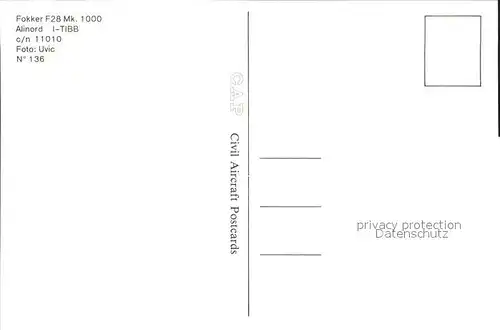 Flugzeuge Zivil Alinord Fokker F28 Mk. 1000 I TIBB c n 11010 Kat. Airplanes Avions
