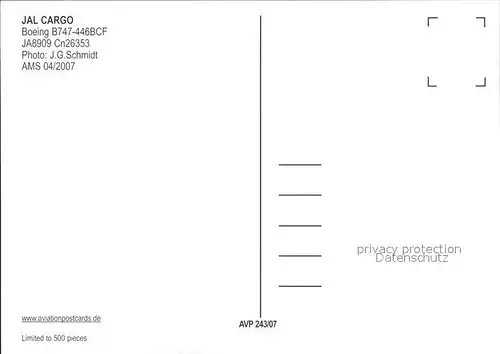Flugzeuge Zivil JAL Cargo bOEING 747 446BCF JA89209 Cn 26353 Kat. Airplanes Avions