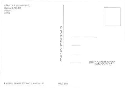 Flugzeuge Zivil Frontier Puffin bird colours Boeing 737 300 N309FL  Kat. Airplanes Avions