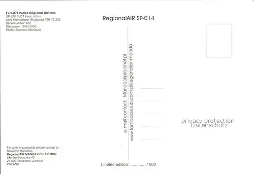 Flugzeuge Zivil EuroLOT Polish Regional Airlines SP LFF ATR 72 202  Kat. Airplanes Avions