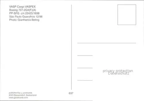 Flugzeuge Zivil VASP Cargp Vaspex Boeing 727 2Q4 PP SFG c n 22425 1698 Kat. Airplanes Avions