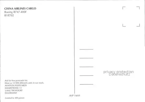 Flugzeuge Zivil China Airlines Cargo Boeing 747 400F B18702 Kat. Airplanes Avions