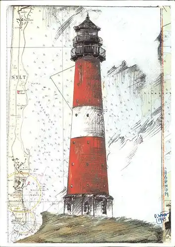 Leuchtturm Lighthouse Hoernum Tempera Kuenstlerkarte Ole West Kat. Gebaeude