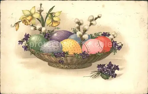 Ostern Easter Paques Ostereier Korb Veilchen Narzissen Weidenkaetzchen Litho Kat. Greetings