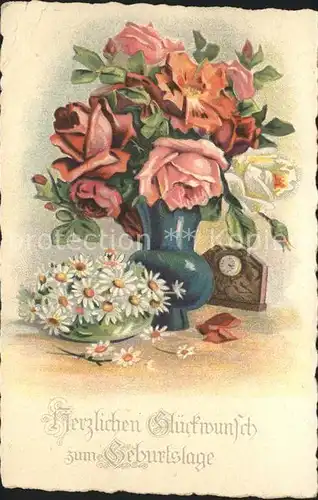 Geburtstag Rosen Uhr Margeriten Litho Kat. Greetings