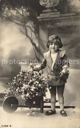 Namenstag Namenskarte Glueckwunsch Kind Schubkarre Blumen  /  /