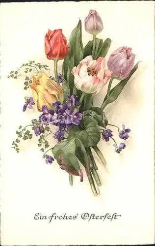 Ostern Easter Paques Veilchen Tulpen Litho Kat. Greetings