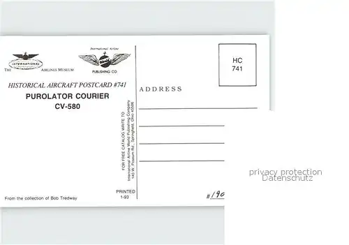 Flugzeuge Zivil Purolator Courier CV 580 Kat. Airplanes Avions